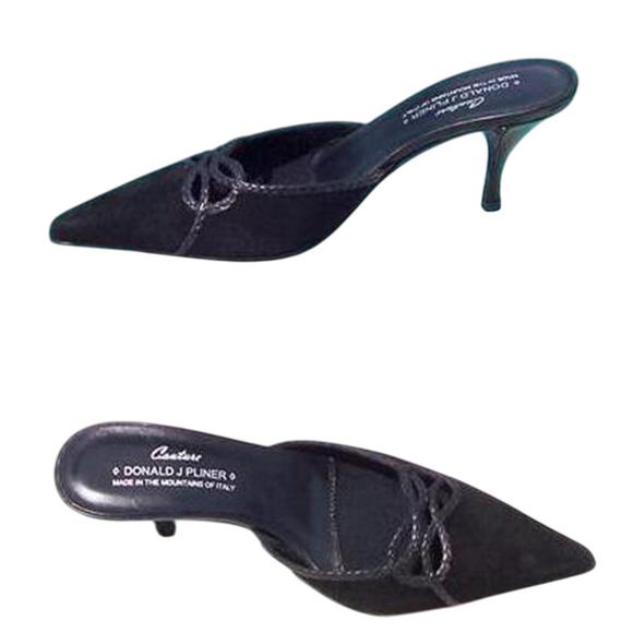 Donald Pliner Black Suede Metallic Leather Mule Shoe Peek A Boo Cutout NIB $235 - Picture 2 of 4